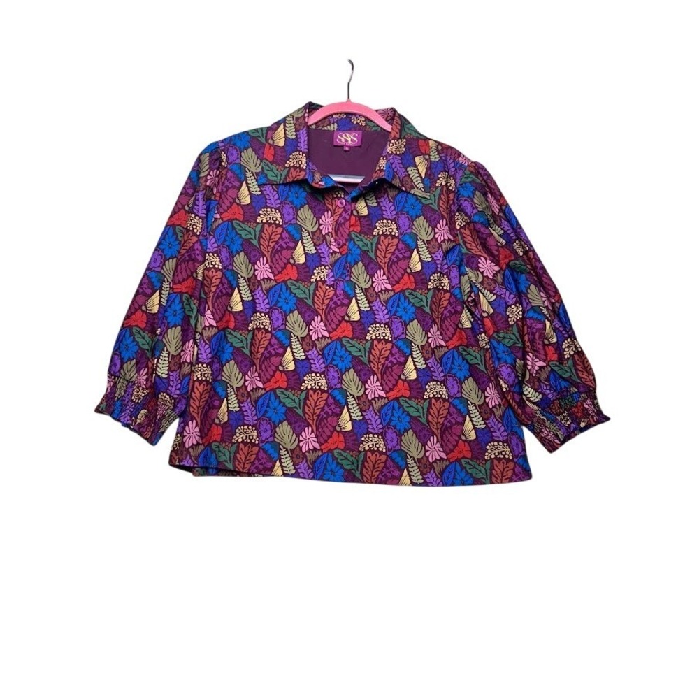 SSYS The Label Women XL Burgundy Tropical Leaf Print Smocked Cuff Blouse‎ Top
